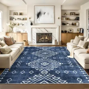 Washable Rug 8x10 Rug Living Room Rug Large Vintage Area Rugs for Bedroom Indoor Soft Non-Slip Carpet Low Pile Non-Shedding Floor Carpet Farmhouse Accent Rugs for Dining Room Office Blue