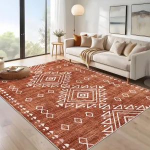 Washable Rug 5x7 Vintage Rug Soft Indoor Non Slip Carpet Tribal Geometric Low Pile Non-Shedding Kitchen Rug Retro Entryway Rug Foldable Thin Accent Floor Cover for Living Room Bedroom Orange