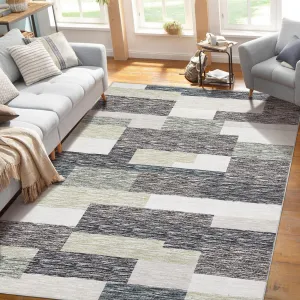 Machine Washable Living Room Rugs Grey Green 8x10 Non-Slip Modern Geometric Floor Carpet, Stain-Resistant Low Pile Throw Rug, Contemporary Accent Rug for Kitchen, Office, Gray Green