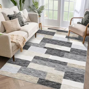 Washable Rugs 9x12 Large Modern Geometric Floor Carpet, Stain-Resistant Low Pile Throw Rug with Non-Slip Backing, Contemporary Accent Rug for Kitchen, Office, Grey Camel