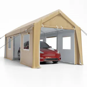 10' X 20' Carport with Ventilated Windows & Doors, Adjustable Height, Heavy Duty Canopy for Car, Truck, and Boat, Yellow