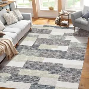 Washable Rugs Grey Green 9x12 Large Modern Geometric Floor Carpet, Stain-Resistant Low Pile Throw Rug with Non-Slip Backing, Contemporary Accent Rug for Kitchen, Office