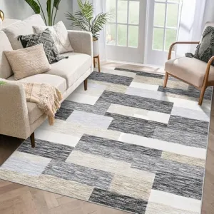 Washable Area Rugs 10x13 Large Modern Geometric Living Room Rugs, Stain-Resistant Low Pile Throw Rug, Non-Slip Contemporary Accent Rug for Kitchen, Office, Grey Camel
