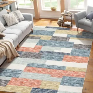 Washable Rugs Blue Multi 9x12 Large Modern Geometric Floor Carpet, Stain-Resistant Low Pile Throw Rug with Non-Slip Backing, Contemporary Accent Rug for Kitchen, Office