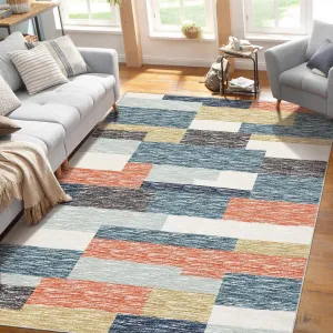 Washable Area Rugs Blue Multi 10x13 Large Modern Geometric Living Room Rugs, Stain-Resistant Low Pile Throw Rug, Non-Slip Contemporary Accent Rug for Kitchen, Office