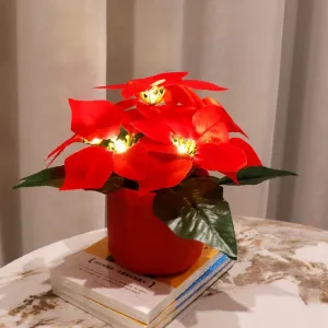 Led Table Light Artificial Poinsettia Plant Night Light with Vase Battery Powered Table Lamp Flower Arrangement for Home Birthday Holiday Party Wedding Room Decoration Table Centerpieces