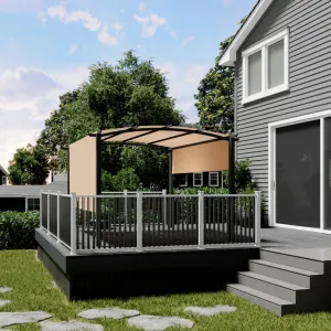 10' x 10' Outdoor Arched Pergola, Metal Gazebo with Retractable Sun Shade for Backyards, Lawn, Patios (Khaki)