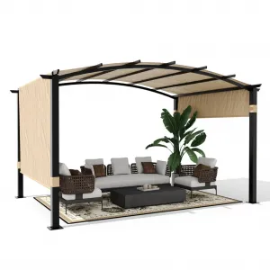 9' x 12' Outdoor Arched Pergola, Metal Gazebo with Retractable Sun Shade for Backyards, Lawn, Patios (Khaki)