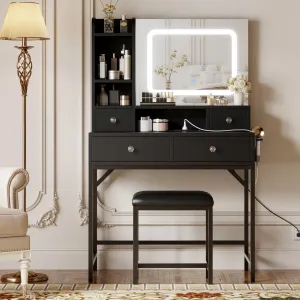 Makeup Vanity Desk with Mirror, Vanity Desk with Lights in 3 Colors, Girls Vanity Table with Charging Station, 4 Drawers, 6 Storage Shelves for Bedroom, Black