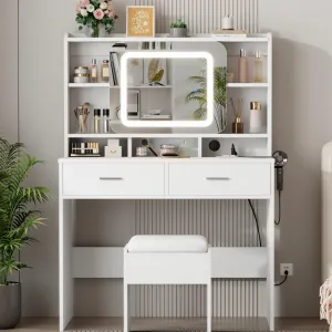 Vanity Desk with Sliding Mirror, Makeup Desk and Stool with Lights in 3 Colors, Girls Vanity Table with Charging Station, 2 Drawers & Storage Shelves for Bedroom,White