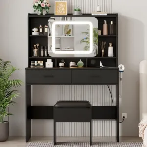 Vanity Desk with Sliding Mirror, Makeup Desk and Stool with Lights in 3 Colors, Girls Vanity Table with Charging Station, 2 Drawers & Storage Shelves for Bedroom, Black