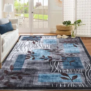 Floral & Paisley Blue/Grey 10x13 Washable Foldable Non Slip Low Pile Rug Ultra Soft for Living Room Bedroom
