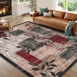 Modern Floral Red/Green 5x7 Area Rug Washable Patchwork Non-Slip Soft Abstract Carpet for Living Room Bedroom