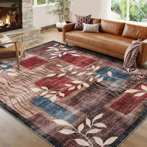Modern Floral Red/Brown 5x7 Rug Geometric Rug Machine Washable Non-Slip Carpets for Living Room Bedroom Kitchen Dining Room, Low-Pile Non-Shedding Floor Carpet