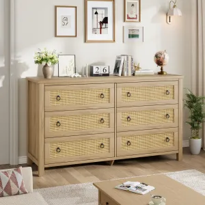 Rattan 6 Dresser for Bedroom, 47.2" Wide Dresser, Boho Wide Drawer Dresser with Storage, Wooden Closet Dressers Chest of Drawers Freestanding for Bedroom, Nursery, Living Room, Natural