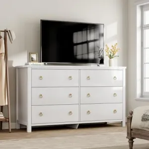 6 Dresser for Bedroom, 47.2" Wide Dresser, Modern Wide Drawer Dresser with Storage, Wooden Closet Dressers Chest of Drawers Freestanding for Bedroom, Nursery, Living Room, White