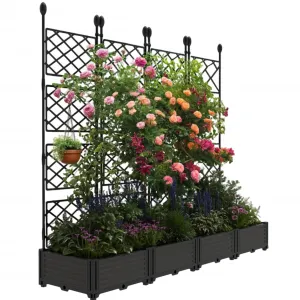 4 PCS Raised Garden Bed with Trellis, 65.4" W x 63"Tall Plastic Planter Box for Climbing Plants, Outdoor Vertical Garden with Privacy Screen for Patio, Balcony, Backyard – Sturdy & Lightweight