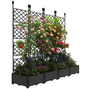 4Pcs Plastic Plant Box with Metal Trellis, Raised Garden Bed with Trellis Planter for Climbing Plant Outdoor Raised Planter Box Privacy Screen for Patio Balcony,Planter Box for Backyard Patio