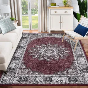 Vintage Area Rugs, Washable Rug for Living Room, Floral Print Rug, Vintage Rug Distressed Indoor Traditional Mat, Foldable Thin Rug, Non Slip Carpet for Bedroom, Dining Room, Home Office