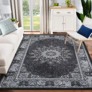 Vintage Area Rugs, Washable Rug for Living Room, Floral Print Rug, Vintage Rug Distressed Indoor Traditional Mat, Foldable Thin Rug, Non Slip Carpet for Bedroom, Dining Room, Home Office