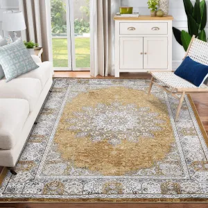 Vintage Area Rugs, Washable Rug for Living Room, Floral Print Rug, Vintage Rug Distressed Indoor Traditional Mat, Foldable Thin Rug, Non Slip Carpet for Bedroom, Dining Room, Home Office
