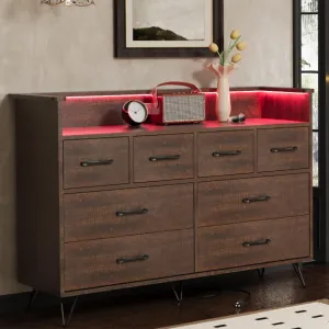 Dresser for Bedroom with LED Light & Charging Station, 8 Drawers Wooden Dressers with Open Space, Vintage Chest of Wide Drawers for Living Room, Entryway, Hallway, Dark Brown