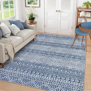 Indoor 8x10 Area Rug Blue, Machine Washable Area Rugs for Living Room, Boho Rugs, Low Pile Distressed Rugs for Bedroom, Stain Resistant Rug ForUnder Table, Non-Slip Floor Carpet for Home
