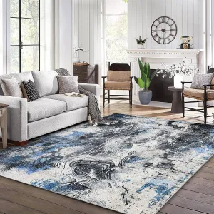 Modern Abstract Rugs 8x10 - Machine Washable, Non Slip Backing, Soft Floor Covering, Contemporary Design, Versatile for Living Room, Bedroom, Dining Room, Kitchen, and Home Office.Blue