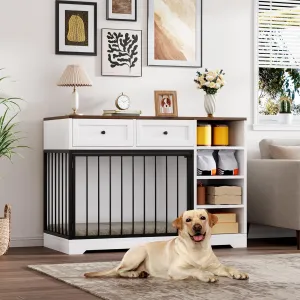 47" Dog Crate Furniture Indoor with 2 Drawers & 4 Shelves, Large Dogs Kennel Furniture TV Stand, Wooden Dog Cage for Large Medium Dogs, White & Brown Top