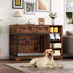 47" Dog Crate Furniture Indoor with 2 Drawers & 4 Shelves, Large Dogs Kennel Furniture TV Stand, Wooden Dog Cage for Large Medium Dogs, Brown