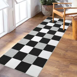 Modern Black & White 2x6 Foldable Washable Runner, Ultra-Thin Plaid Rug Non-Slip for Hallway Kitchen Bedroom Living Room Dining