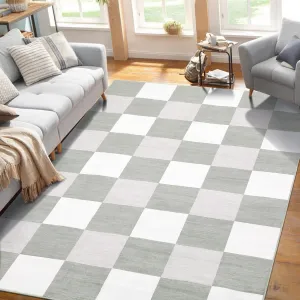 Modern 10x13 Large Area Rug, Soft Non-Slip Carpet 10x13 Living Room Rug Checkered Grey & White Rug for Bedroom, Modern Large Area Rug for Home Office
