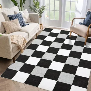 Modern Plaid Area Rug, Soft Checkered White, Grey & Black Non-Slip Carpet for Living Room, Bedroom, or Home Office