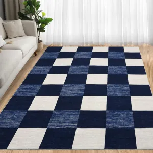 Modern Plaid 10x13 Large Area Rug, Soft Non-Slip Carpet Living Room Rug Checkered Navy Grey & Cream Rug for Bedroom, Modern Large Area Rug for Home Office