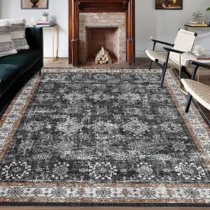 5*7ft Vintage Area Rug - Washable Stain Resistant, Traditional Distressed Mat, Retro Floral Print, Foldable Thin Accent Rug, Non-Slip Carpet for Living Room Dining Room Office. Black Tone