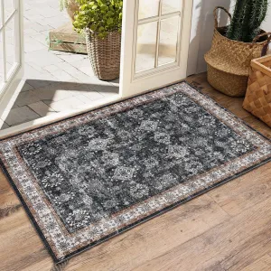 Area Rug - 9 * 12ft Washable Rug, Black Vintage Rug, Traditional Floor Cover, Foldable Thin Retro Accent Rug, Indoor Distressed Non Slip Carpet