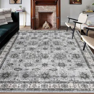 4*6ft Vintage Area Rug - Washable Stain Resistant, Traditional Distressed Mat, Retro Floral Print, Non-Slip, Foldable Thin Carpet for Living Room, Dining Room, Office.Gray Tone