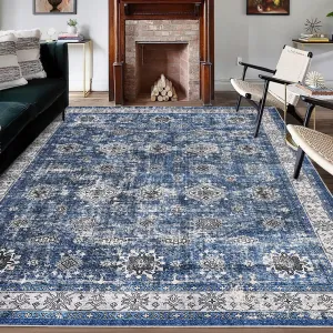 6x9 Vintage Area Rug - Washable Stain Resistant, Traditional Distressed Mat, Retro Floral Print, Non-Slip, Foldable Thin Carpet for Living Room, Dining Room, Office, Blue Tone
