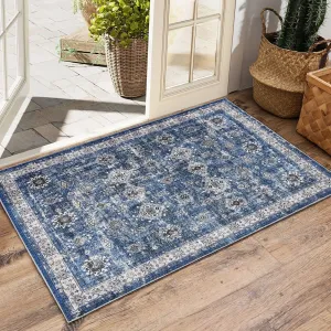 Area Rug - 8 * 10ft Washable Rug, Blue Vintage Rug, Traditional Floor Cover, Foldable Thin Retro Accent Rug, Indoor Distressed Non Slip Carpet