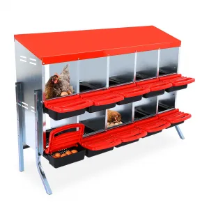 10-Compartments Chicken Nest Box - Red Roll-Away Design w/Lid Cover & Legs for Coop Laying Boxes for Hens, Nest Boxes
