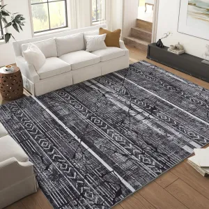 Boho Black-Grey 8x10 Large Living Room Rugs Washable, Geometric Marble Boho Area Rugs for Bedroom Ultra Thin Non-Slip Indoor Rugs Floor Carpet for Dining Room