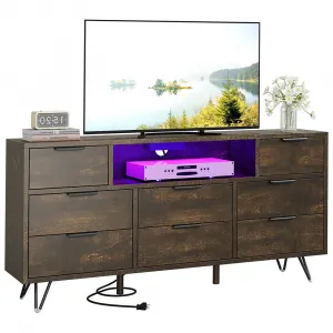 8 Drawer Dresser TV Stand with Power Outlet & LED Light, Modern Wood Chest of Drawers for Bedroom, Living Room, Closet, Hallway