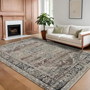 5x7 Washable Area Rug Vintage Rug Traditional Floor Cover Foldable Soft Rug Kitchen Accent Rug Indoor Distressed Non Slip Carpet Floral Print Mat Bedroom Living Room Bathroom Dark Brown