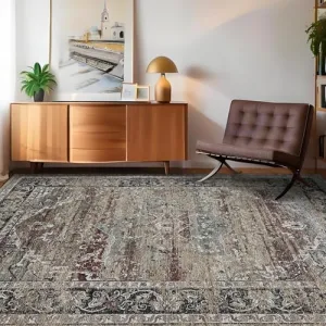 Vintage Area Rug, 4x6 Stain Resistant Carpet Non Shedding Non-Slip Soft Rug Bedroom Dining Room Home Office, Low Pile Farmhouse Oriental Indoor Floor Rug Dark Brown