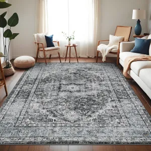 Area Rug 8x10 Washable Rug Retro Gray Vintage Large Rug Traditional Floor Cover Thin Rug Retro Kitchen Indoor Distressed Non Slip Carpet Floral Print Mat Living Room Bedroom Dining Room