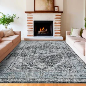 5x7 Washable Area Rug Vintage Rug Traditional Floor Cover Foldable Soft Rug Kitchen Accent Rug Indoor Distressed Non Slip Carpet Floral Print Mat Bedroom Living Room Bathroom Retro Gray