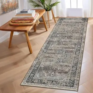 Vintage Washable Hallway Runner Rug – Non-Slip Soft Touch Retro Gray Carpet Runner for Kitchen, Bedroom, and Stylish Home Decor
