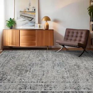 Vintage Area Rug, 4x6 Stain Resistant Carpet Non Shedding Non-Slip Soft Rug Bedroom Dining Room Home Office, Low Pile Farmhouse Oriental Indoor Floor Rug Blue