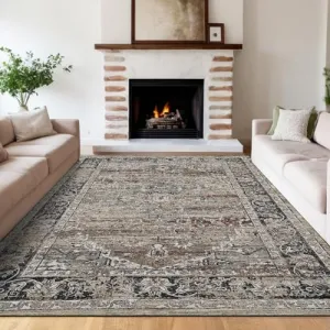 Machine Washable 9x12 Area Rugs for Living Room Indoor Rugs Non Slip Low Pile Water Resistant Soft Print Pattern Carpet for Bedroom Indoor Decor Polyester Rug Dark Brown