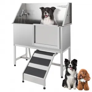 50" Professional Stainless Steel Dog Washing Station – Dog Bathtub with Ramp, Non-Slip Grate, Right Ramp & Sliding Door for Grooming Salons and Home Use